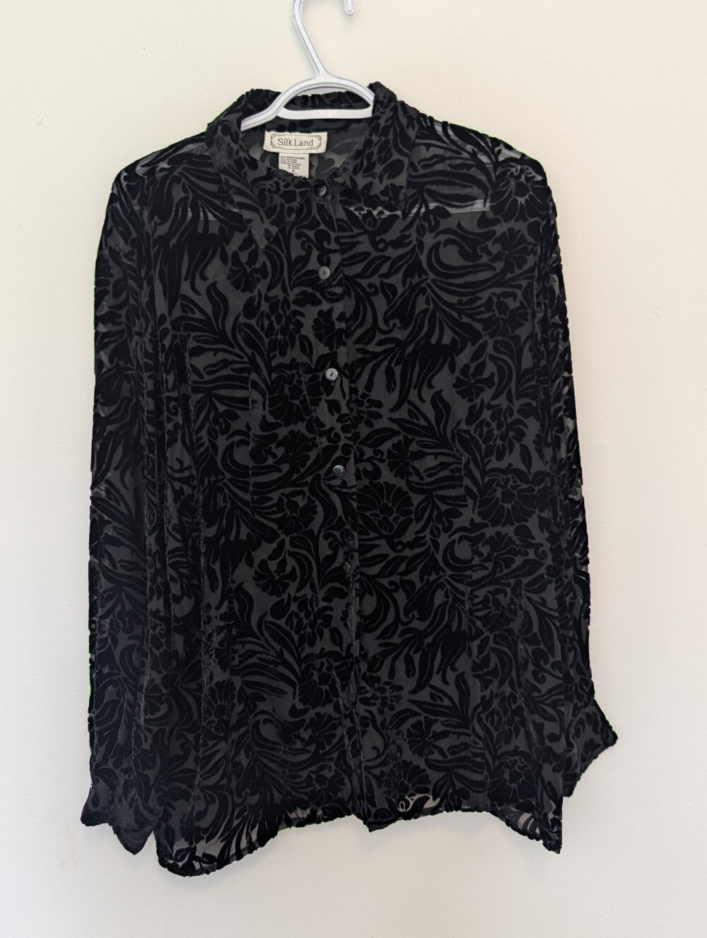 Vintage Silk Burnout Velvet Blouse Black Floral Sheer Shirt Whimsigoth Gothic L